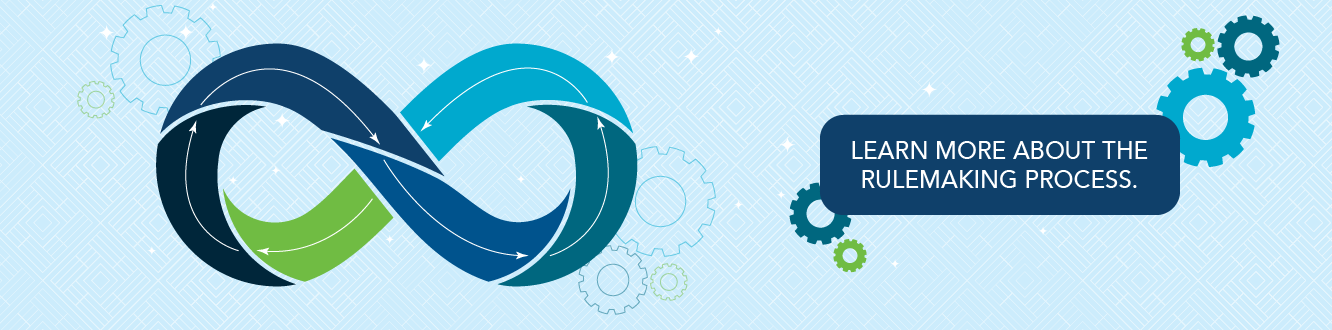 Illustration of a mobius strip and a button to learn more about the MSRB rule making process