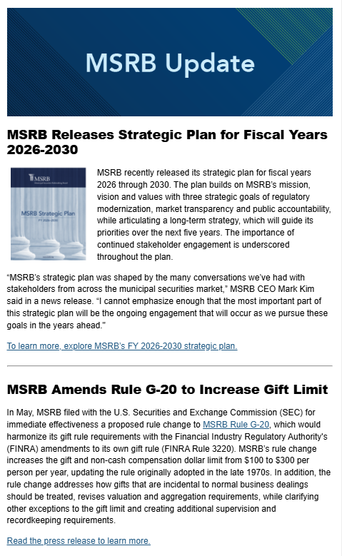 MSRB Update newsletter, dark header with 2026 branding