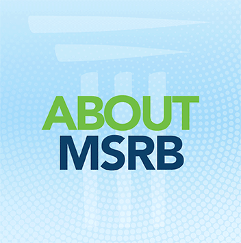 About Us  with Blue Background with Green text About and Blue MSRB Text