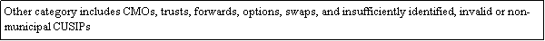 Text Box: Other category includes CMOs, trusts, forwards, options, swaps, and insufficiently identified, invalid or non-municipal CUSIPs 